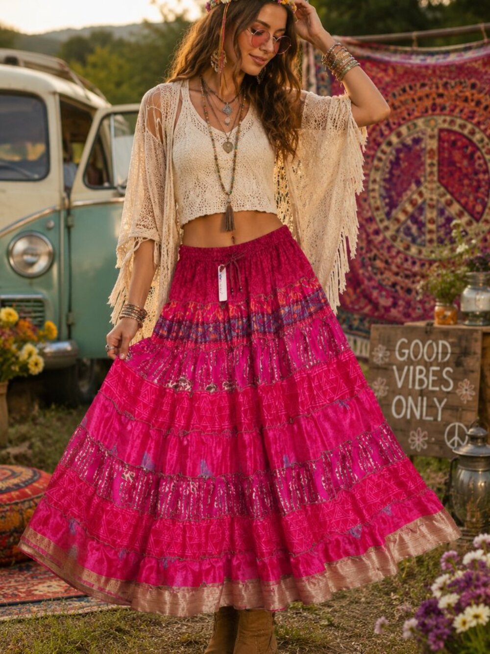 🌺 Wevez Tribal Patchwork Skirt –Fuschia, Pink and Green OS NWT 🌺